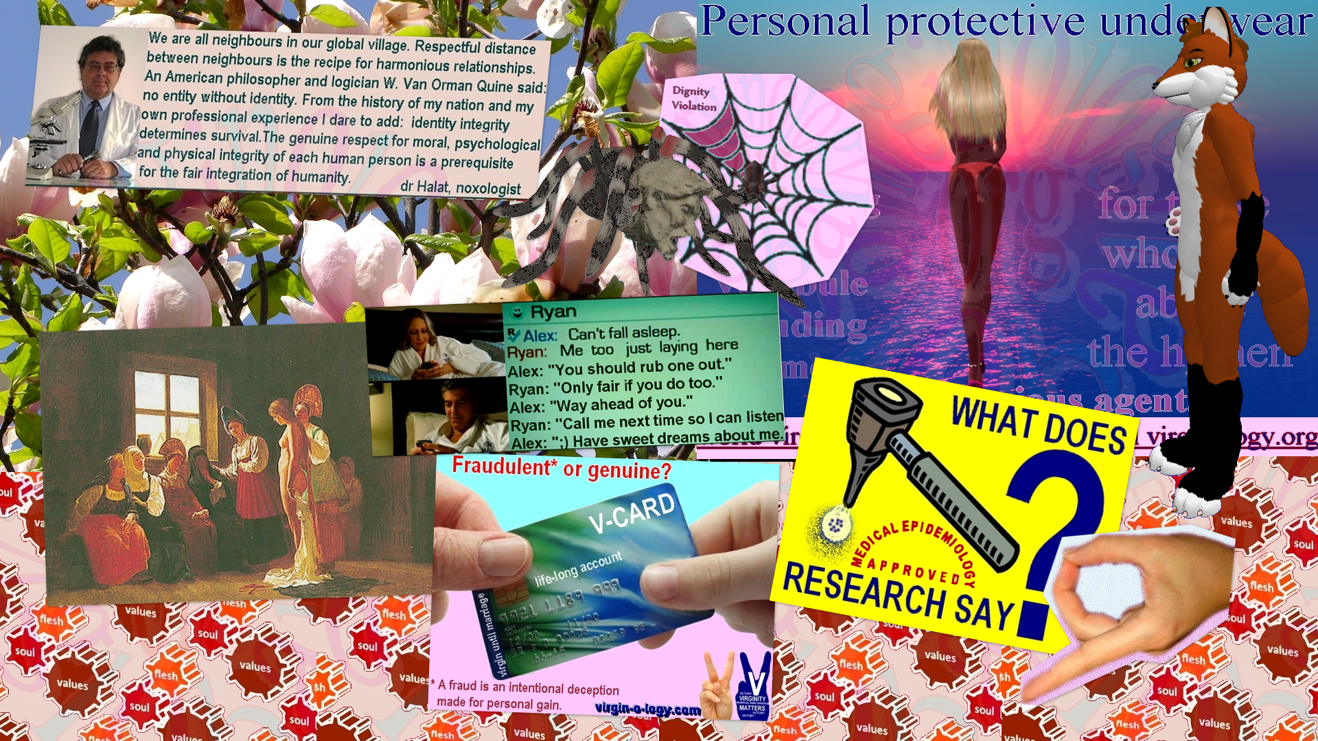 A collage about virginity and masturbation. There are some 3D models that look like they might come from Second Life.