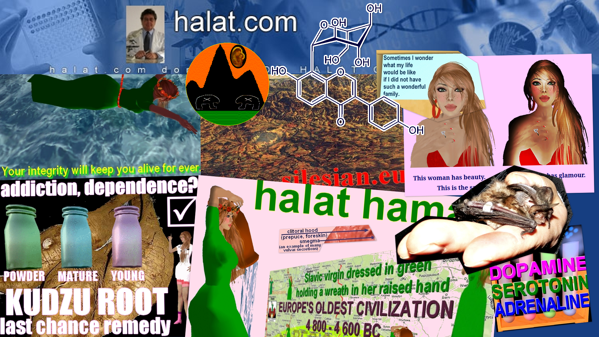 A collage of images from Halat's various websites. There is a lot of medical quackery and also a hand holding a bat.