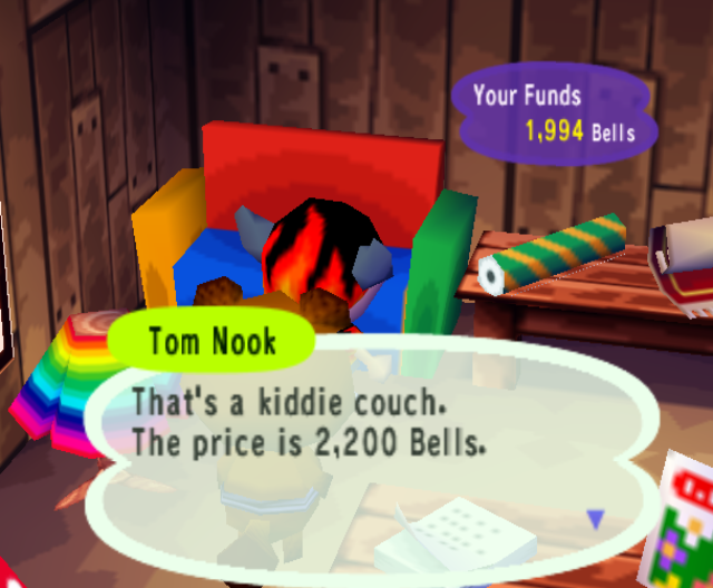 I go to Tom Nook’s store and stare at the colorful kiddie couch