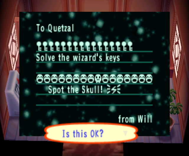 To Quetzal: A lot of of key emojis. Solve the wizard’s keys! A bunch of smiley faces and a skull. Spot the skull! Lightning bolt. From Will.