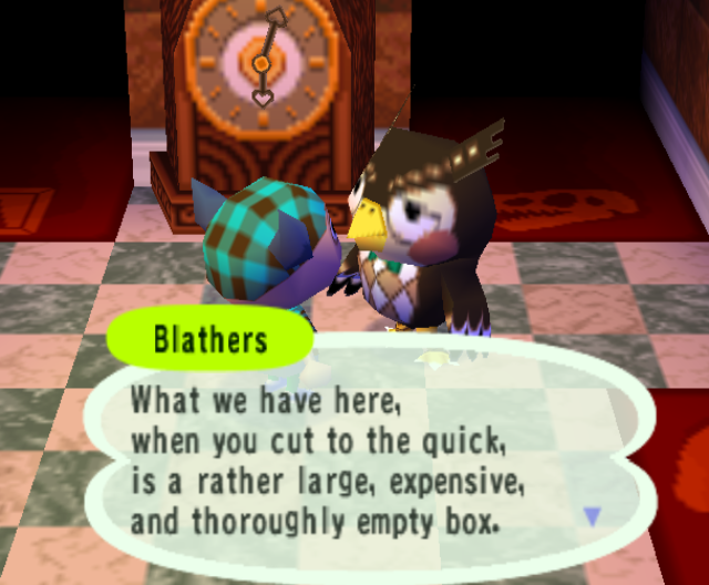 Blathers says: What we have here, when we cut to the quick, is a rather large, expensive, and thoroughly empty box.